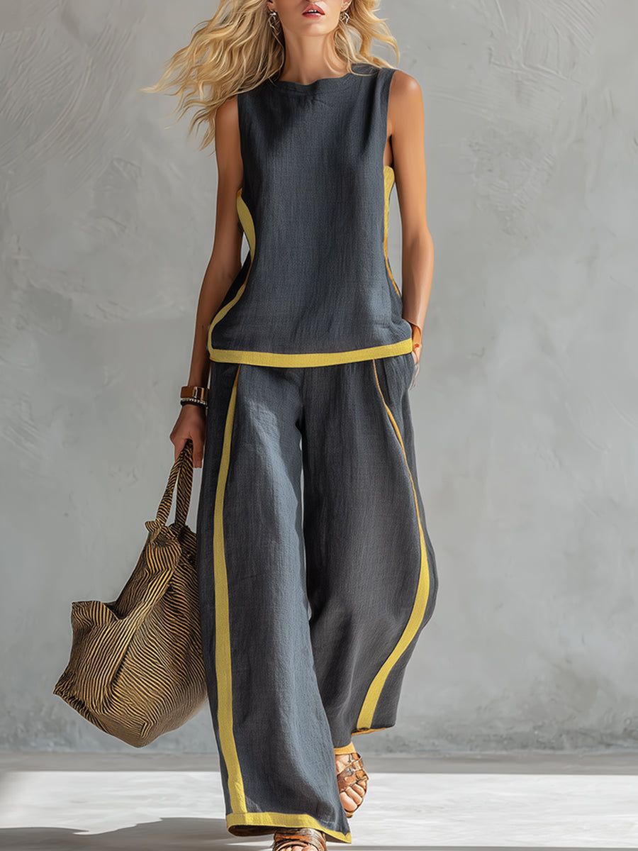 Leila - Conjunto elegante y casual de chaleco y pantalones de algodón y lino gris con bordes en dos tonalidades.