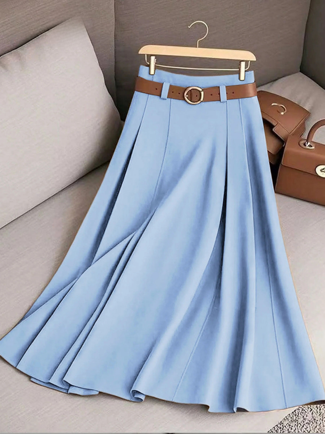 Falda Casual A-Line de Color Sólido de Cintura Alta para Mujeres