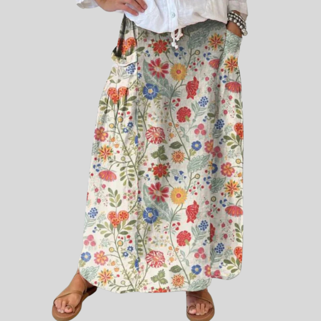 Falda de Lino con Estampado Floral y Cintura Elástica con Bolsillos