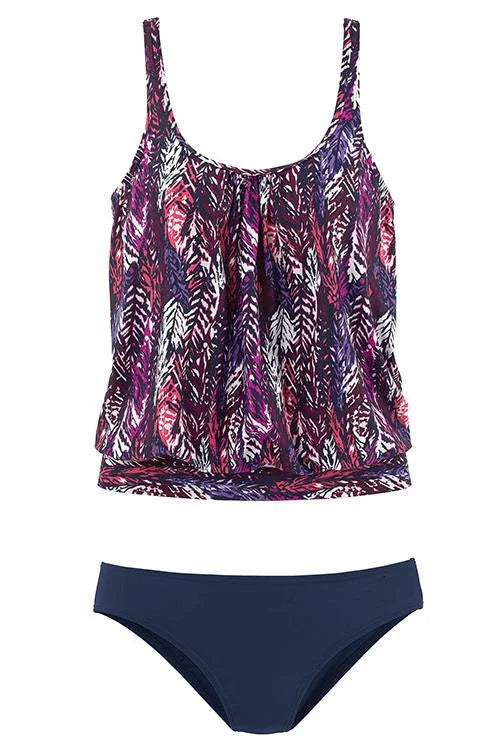 penacho | Conjunto de tankini con estampado de plumas que cubre el vientre