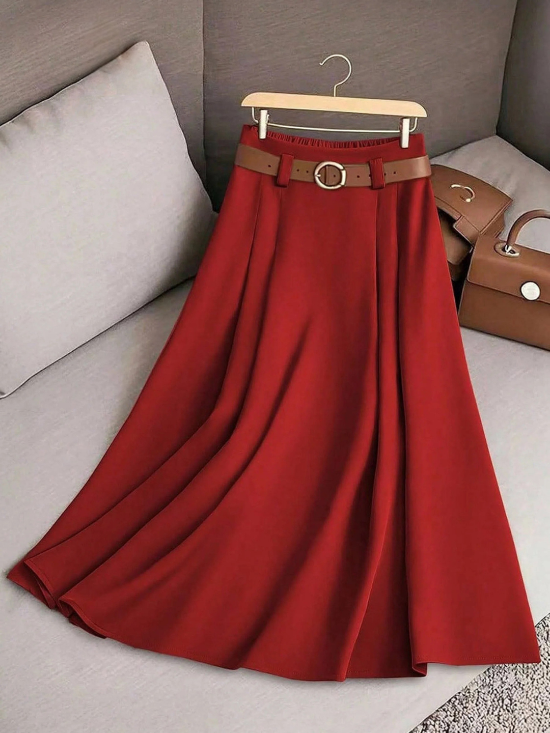 Falda Casual A-Line de Color Sólido de Cintura Alta para Mujeres