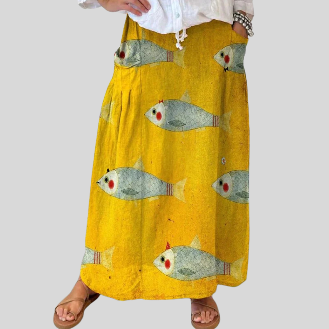 Falda de Lino con Diseño de Peces Vintage para Mujeres