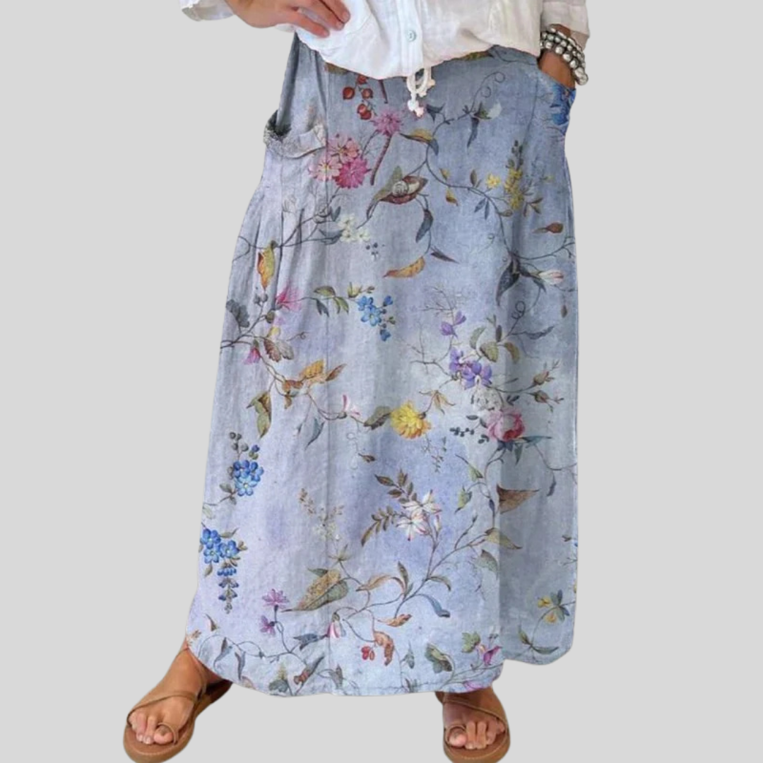 Falda de Lino con Bolsillos en Estampado Vintage Azul Elegante