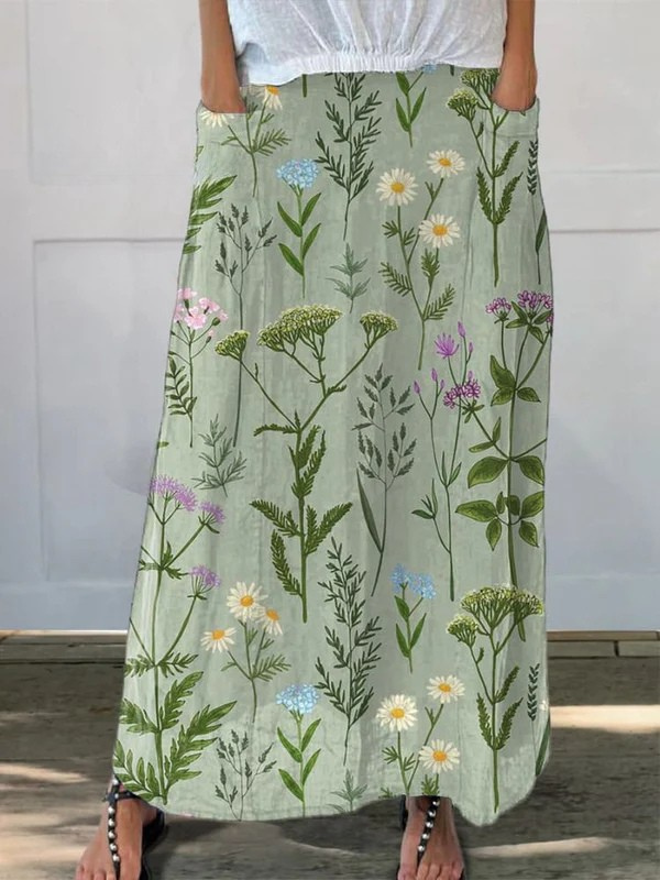 Falda de Lino para Mujer con Estampado Repetido de Campo Primaveral Enriquecido