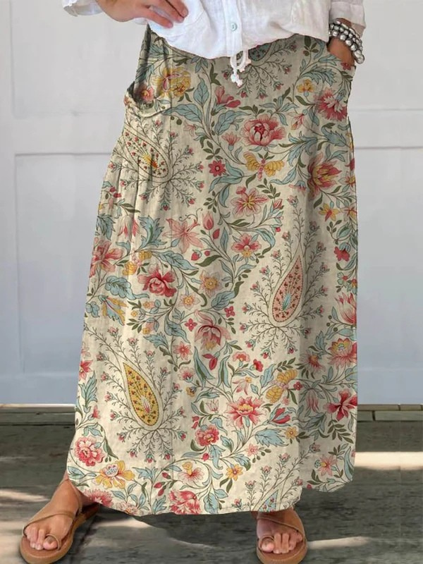 Falda de Lino con Estampado Floral Vintage para Mujeres