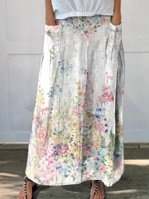 Falda de lino floral botánico vintage para mujer con cintura elástica y bolsillo