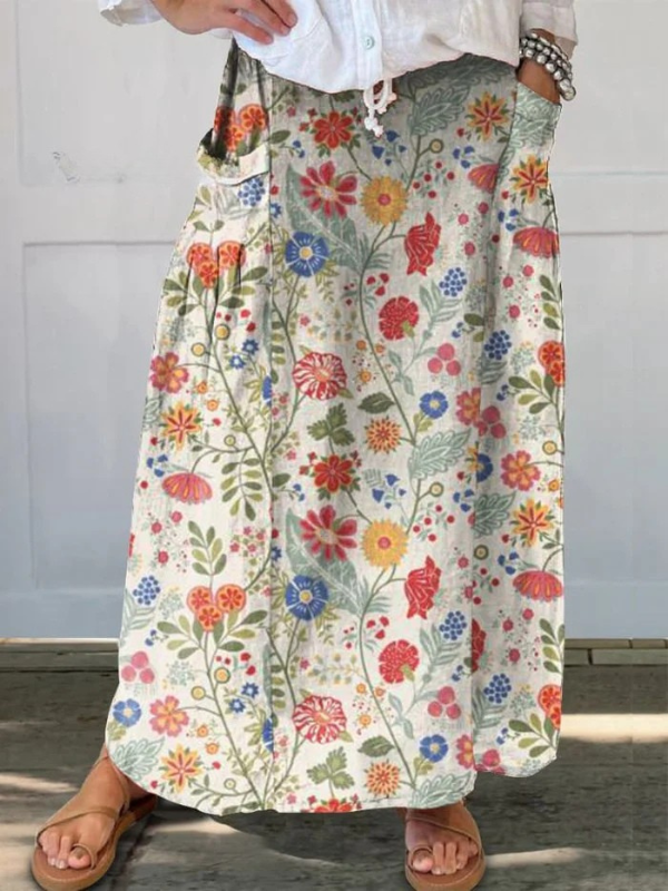 Falda de Lino con Estampado Floral y Cintura Elástica con Bolsillos