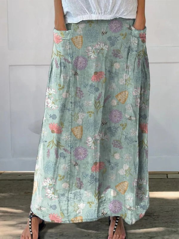 Falda de lino con estampado de flores de primavera en flor y abeja zumbadora para mujer
