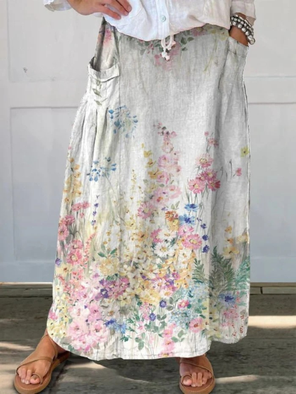 Falda de Lino Floral Elegante Retro para Mujeres con Cintura Elástica y Bolsillos