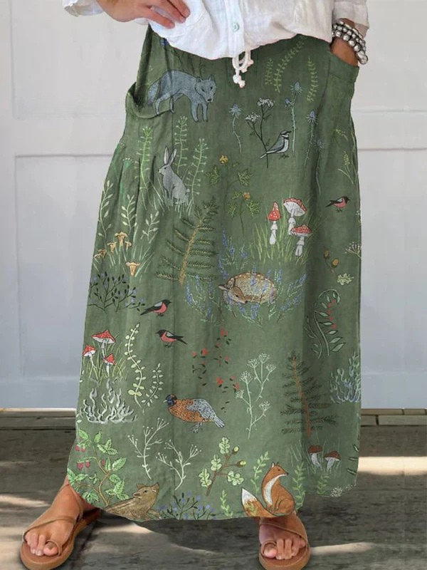 Falda de Lino con Estampado de Bosque y Animales para Mujeres