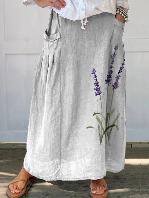 Falda de lino para mujer con estampado de lavanda en acuarela, cintura elástica y bolsillos