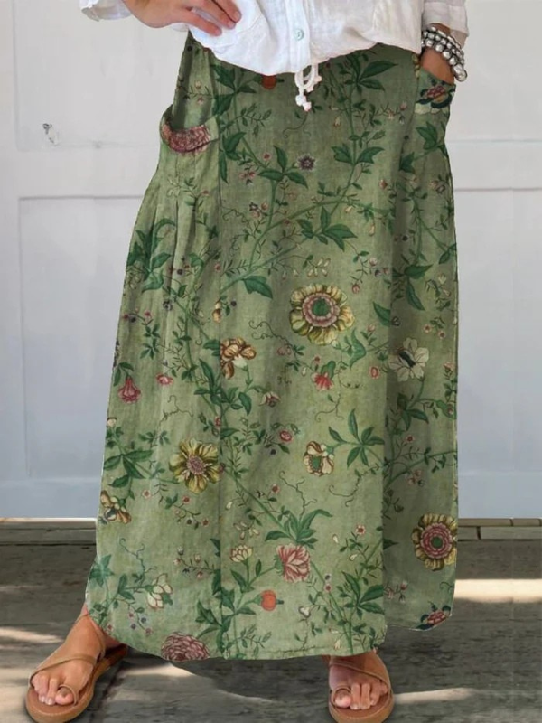 Falda de Lino con Estampado Artístico Retro para Mujeres