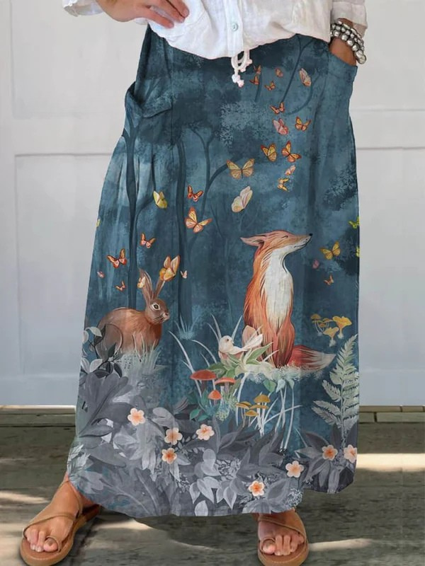 Falda Casual de Lino con Estampado Floral y Animales para Mujeres