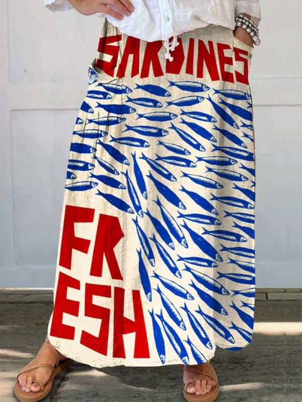 Falda de Lino con Estampado de Sardinas Vintage para Mujeres