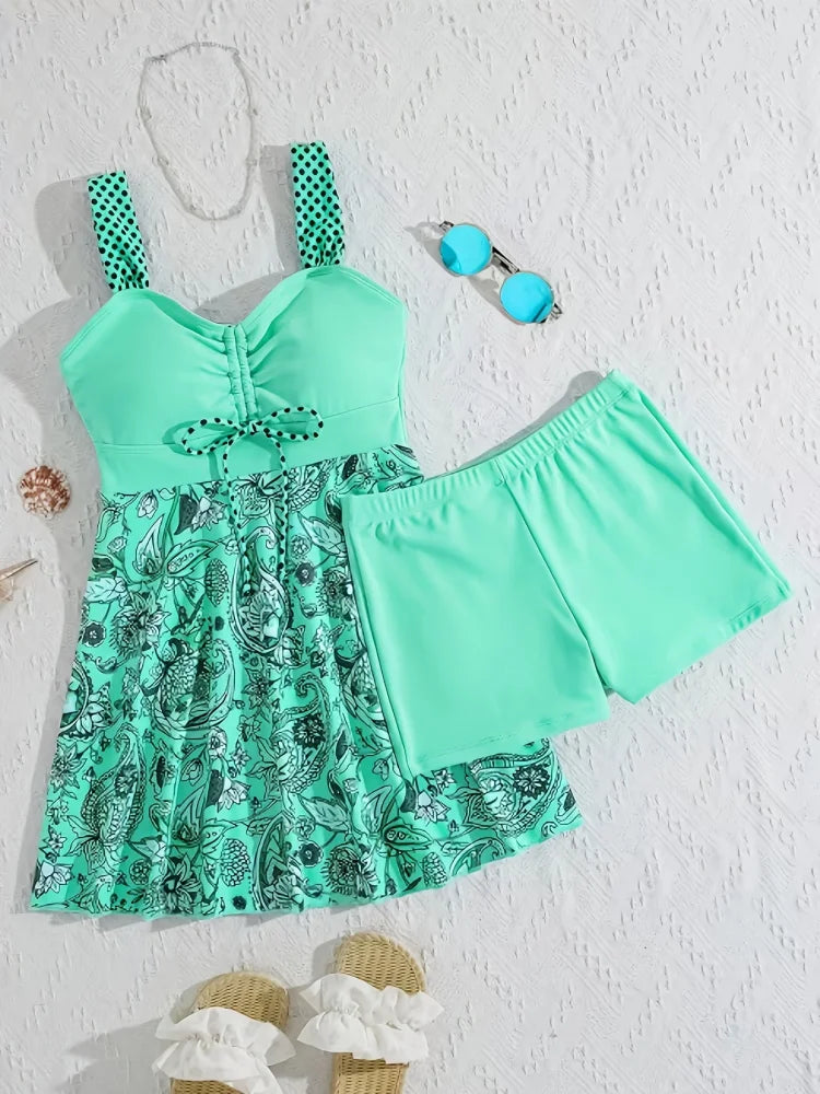 menta | Conjunto de vestido de baño floral que cubre el vientre