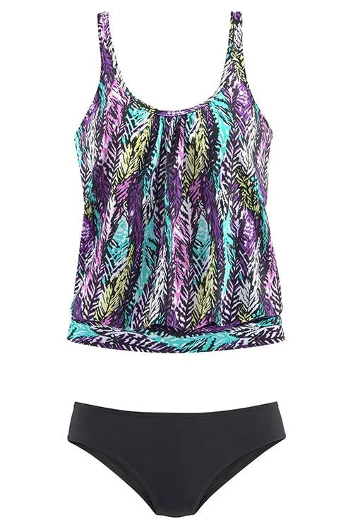 penacho | Conjunto de tankini con estampado de plumas que cubre el vientre